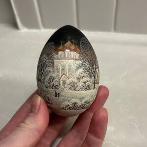 Handpainted Russian Winter Scene wooden Egg signed